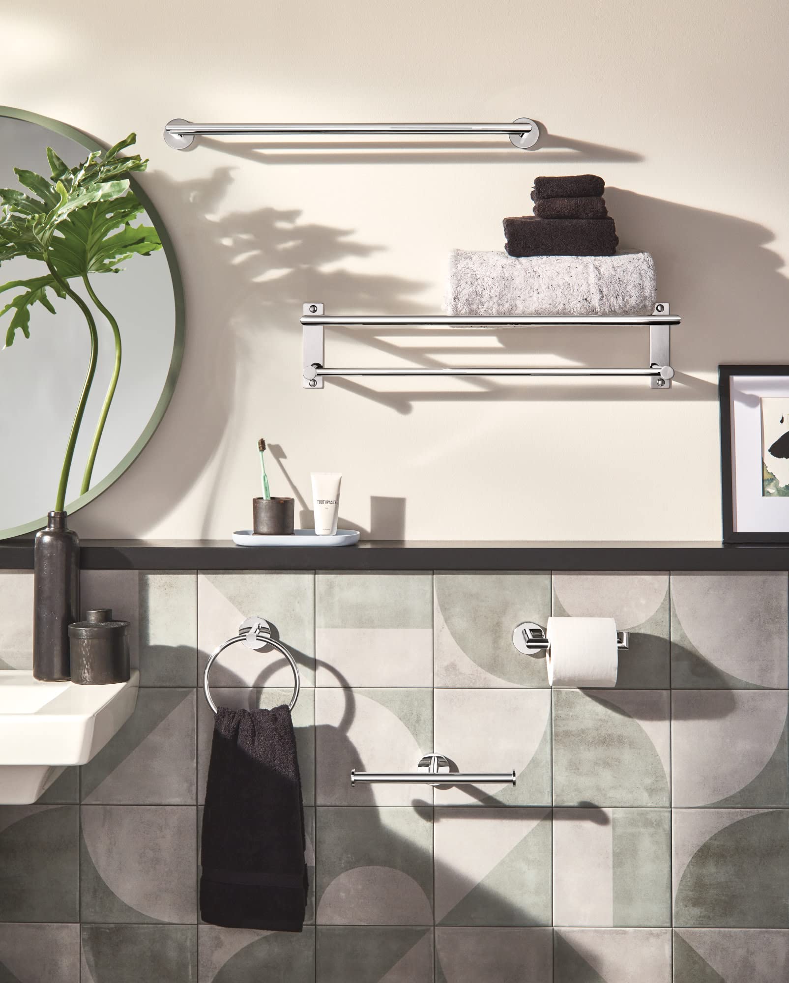 Moen Y5794Ch 24-Inch Wide Modern Bathroom Hotel-Style Towel Storage Shelf With Towel Bar, Chrome